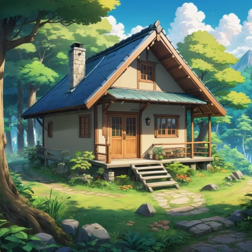 summer cottage,house in the forest,little house,studio ghibli,cottage,small house,wooden house,home landscape,small cabin,lonely house,house in the mountains,country cottage,house in mountains,wooden hut,traditional house,log home,log cabin,ancient house,the cabin in the mountains,beautiful home,Illustration,Japanese style,Japanese Style 03