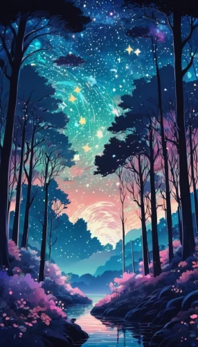 fairy galaxy,forest of dreams,colorful stars,night sky,night stars,galaxy,falling stars,the night sky,star sky,fairy forest,night scene,fantasy landscape,starry sky,fairy world,forest landscape,purple landscape,starry night,art background,winter forest,space art,Illustration,Realistic Fantasy,Realistic Fantasy 37