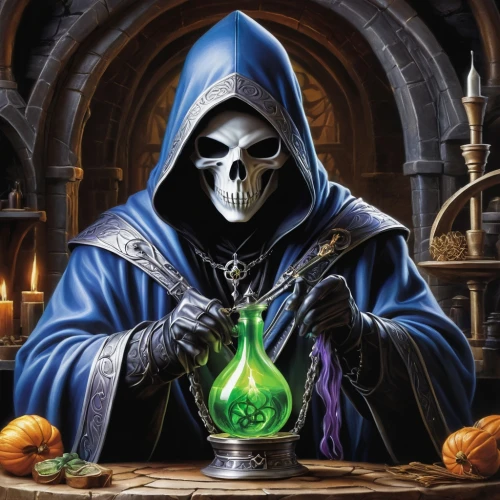 candlemaker,prejmer,dodge warlock,magus,undead warlock,grimm reaper,apothecary,helloween,magistrate,halloween pumpkin gifts,tabletop game,grim reaper,skeleltt,mage,ball fortune tellers,hooded man,potions,massively multiplayer online role-playing game,magic grimoire,the ethereum,Conceptual Art,Fantasy,Fantasy 30