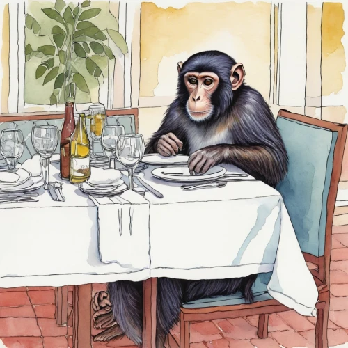 chimpanzee,common chimpanzee,crab-eating macaque,monkey banana,barbary monkey,chimp,capuchin,anthropomorphized animals,great apes,primate,monkey family,primates,dining,breakfast table,the monkey,gorilla,macaque,fine dining restaurant,diner,barbary ape,Conceptual Art,Daily,Daily 02