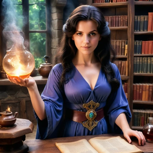 sorceress,fantasy picture,fantasy portrait,magic grimoire,librarian,fantasy art,candlemaker,magic book,divination,mystical portrait of a girl,fantasy woman,fairy tale character,the enchantress,fairy tale icons,sci fiction illustration,priestess,potions,mage,digital compositing,blue enchantress,Photography,General,Cinematic