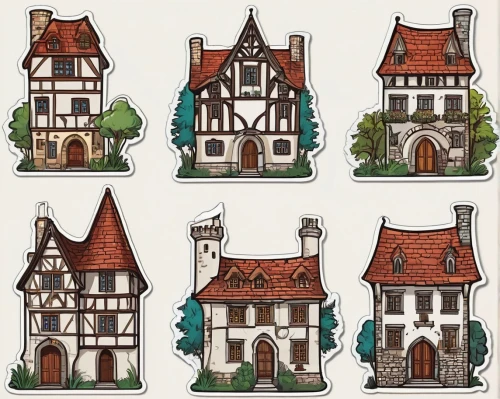 houses clipart,half-timbered houses,wooden houses,houses,serial houses,townhouses,houses silhouette,old houses,cottages,blocks of houses,stone houses,medieval architecture,hanging houses,fairy tale icons,crane houses,row houses,birdhouses,row of houses,town buildings,house roofs,Unique,Design,Sticker