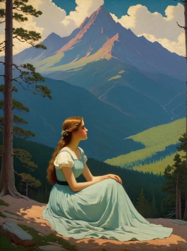 the spirit of the mountains,idyll,mountain scene,girl in a long dress,world digital painting,mountain spirit,mountain vesper,montana,rapunzel,heidi country,fantasy portrait,jessamine,girl with tree,digital painting,woman sitting,portrait background,background image,girl with bread-and-butter,lori mountain,arête,Art,Classical Oil Painting,Classical Oil Painting 14