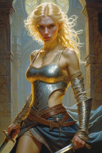female warrior,heroic fantasy,fantasy woman,warrior woman,swordswoman,paladin,fantasy warrior,joan of arc,fantasy portrait,sorceress,fantasy art,blonde woman,dark elf,priestess,massively multiplayer online role-playing game,breastplate,golden haired,hard woman,the enchantress,celtic queen,Illustration,Realistic Fantasy,Realistic Fantasy 03