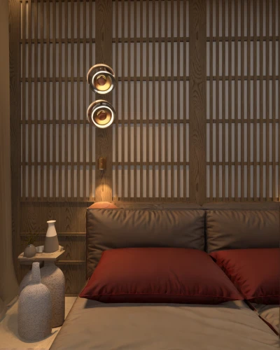 japanese-style room,ryokan,wooden shutters,bamboo curtain,wall lamp,wall light,window treatment,room divider,sleeping room,render,canopy bed,shutters,room lighting,window blinds,ambient lights,3d render,deco,3d rendering,tatami,visual effect lighting