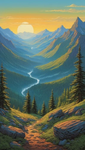 mountain sunrise,mountain landscape,salt meadow landscape,landscape background,mountain scene,mountainous landscape,river landscape,forest landscape,nature landscape,high landscape,the landscape of the mountains,mountain valley,mountains,alpine sunset,alaska,mountain meadow,valley,mountain slope,mountain range,coniferous forest,Illustration,American Style,American Style 01