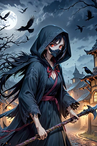 grimm reaper,murder of crows,halloween background,raven rook,halloween banner,scythe,shinigami,yi sun sin,swordswoman,grim reaper,dodge warlock,scare crow,halloween wallpaper,witch broom,celebration of witches,halloween illustration,raven girl,crow queen,raven bird,dance of death,Anime,Anime,General