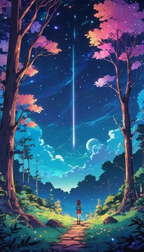 falling stars,colorful stars,moon and star background,dusk background,night stars,unicorn background,star sky,starlight,landscape background,fairy galaxy,star winds,art background,would a background,night sky,hanging stars,rainbow and stars,dream world,star wood,forest of dreams,hd wallpaper,Illustration,Japanese style,Japanese Style 03