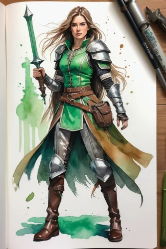 female warrior,jade,celtic queen,green aurora,caerula,emerald,wind warrior,mulan,watercolor sketch,green jacket,fantasy warrior,warrior woman,elven,artemisia,watercolor arrows,mara,liana,druid,sage color,pencil color,Illustration,Paper based,Paper Based 01