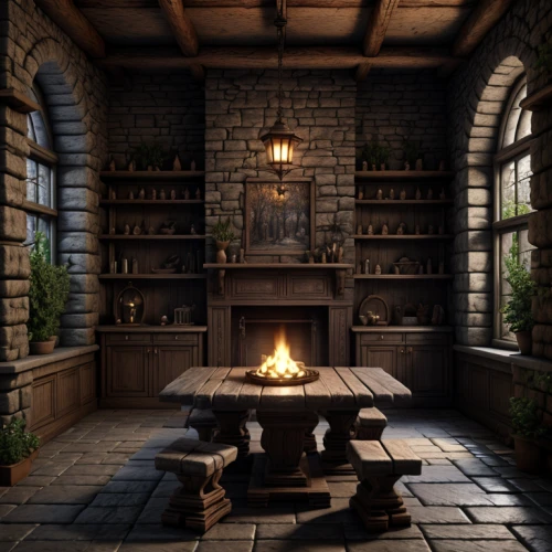 fireplace,fireplaces,apothecary,fire place,dark cabinetry,victorian kitchen,study room,bookshelves,hearth,wooden beams,wood stove,tile kitchen,witch's house,candlemaker,wood-burning stove,wooden windows,the kitchen,dandelion hall,tavern,interior design