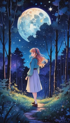 moonlit night,blue moon rose,girl with tree,fae,moonlight,children's background,moonlit,little girl in wind,moon night,studio ghibli,little girl fairy,moon and star background,dream world,fairy tale character,children's fairy tale,alice,fairy world,blue moon,forest of dreams,child fairy,Illustration,Realistic Fantasy,Realistic Fantasy 30
