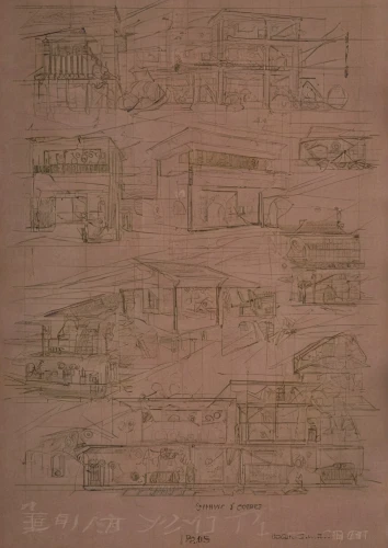sheet drawing,matruschka,house drawing,blueprint,frame drawing,architect plan,blueprints,lithograph,street plan,vintage drawing,archidaily,cross sections,kirrarchitecture,serial houses,pencil and paper,wooden houses,plan,houses,pencil frame,row of houses