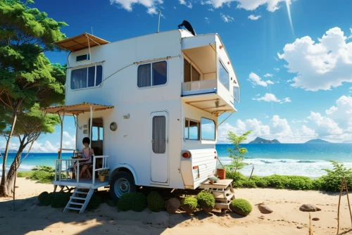 camper on the beach,house trailer,cube stilt houses,beach hut,mobile home,inverted cottage,travel trailer poster,beach house,holiday home,houseboat,seaside resort,cube house,motorhome,dream beach,beach tent,travel trailer,cubic house,seaside country,summer cottage,sky apartment,Photography,General,Realistic