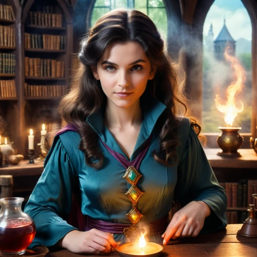 candlemaker,librarian,candle wick,sorceress,potions,divination,fantasy picture,potion,clove,merlin,fairy tale icons,apothecary,fantasy portrait,absinthe,scholar,celtic woman,flickering flame,barmaid,digital compositing,smouldering torches,Photography,General,Cinematic