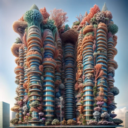 mandelbulb,pacifier tree,mushroom landscape,animal tower,cellular tower,electric tower,cloud towers,colorful tree of life,fractalius,computer cluster,urban towers,desert coral,fairy chimney,multi-storey,tower of babel,bird tower,sky ladder plant,environmental art,dna helix,sky apartment