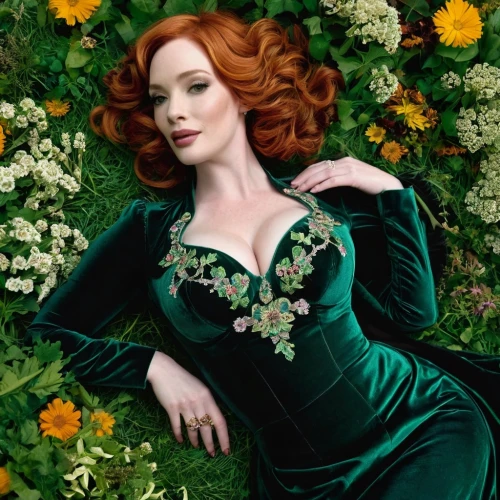 poison ivy,in green,celtic woman,lilly of the valley,elizabeth i,maureen o'hara - female,celtic queen,tilda,vanity fair,green dress,emerald,dita,flora,lily of the valley,secret garden of venus,lily of the field,butterfly green,elegance,green,ivy,Illustration,Retro,Retro 13