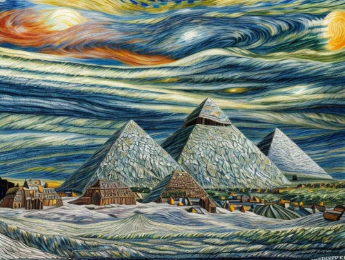 david bates,mountain scene,khokhloma painting,indigenous painting,post impressionism,snow scene,vincent van gough,church painting,vincent van gogh,christmas landscape,motif,pyramids,winter landscape,mountain settlement,mountain village,snow landscape,cool woodblock images,machu pichu,mountainous landscape,giza