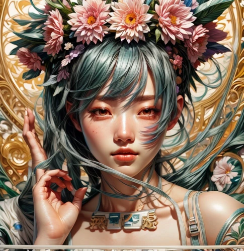 fantasy portrait,amano,hatsune miku,flora,japanese art,mint blossom,flower fairy,geisha,masquerade,wreath of flowers,girl in a wreath,floral frame,sakura wreath,floral japanese,chinese art,girl in flowers,kahila garland-lily,medusa,blooming wreath,japanese floral background