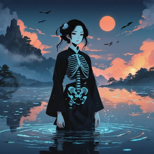 halloween illustration,ghost girl,芦ﾉ湖,digital illustration,water-the sword lily,han thom,the sea maid,halloween background,shinigami,shirakami-sanchi,dead bride,afterlife,geisha,long-sleeve,honzen-ryōri,studio ghibli,dusk background,geisha girl,ocean,mystical portrait of a girl,Photography,General,Fantasy