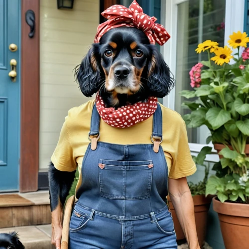 girl in overalls,english coonhound,coonhound,dachshund yorkshire,bavarian mountain hound,overalls,smaland hound,black and tan coonhound,bassett,german spaniel,beagador,dachshund,bluetick coonhound,danish swedish farmdog,countrygirl,carpenter jeans,basset hound,overall,rottweiler,french spaniel