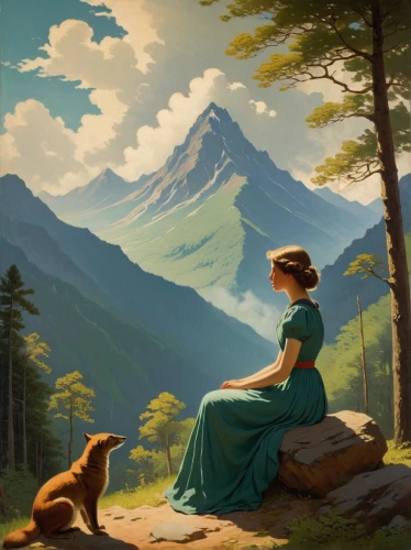 mountain scene,the spirit of the mountains,landscape background,mountain spirit,mountain landscape,world digital painting,idyll,girl with dog,background image,heidi country,high landscape,darjeeling,mountain world,the landscape of the mountains,mountainous landscape,mountain,mountain vesper,sound of music,mother earth,fantasy picture,Art,Classical Oil Painting,Classical Oil Painting 14