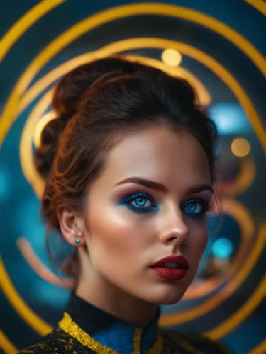 women's eyes,mystical portrait of a girl,neon makeup,peacock eye,makeup mirror,women's cosmetics,ojos azules,makeup artist,retro woman,portrait photography,artificial hair integrations,portrait photographers,woman portrait,dark blue and gold,woman face,eyes makeup,vintage makeup,art model,female model,illusion