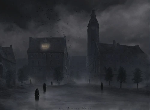 haunted cathedral,ghost castle,night scene,castle of the corvin,haunted castle,veil fog,witch's house,dark gothic mood,the haunted house,transylvania,gothic church,bremen,the black church,gothic,world digital painting,speicherstadt,mist,aurora village,medieval town,witch house,Conceptual Art,Fantasy,Fantasy 34