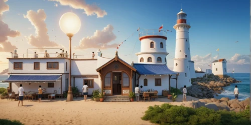 popeye village,lighthouse,seaside resort,electric lighthouse,concept art,peter-pavel's fortress,house of the sea,red lighthouse,development concept,light house,oktoberfest background,seaside country,crown engine houses,3d rendering,fairy tale castle,render,treasure house,studio ghibli,crimea,thimble islands,Photography,General,Natural