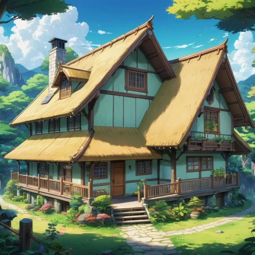 wooden house,studio ghibli,traditional house,little house,ancient house,house in the forest,house in the mountains,house painting,house in mountains,small house,country house,half-timbered house,wooden houses,witch's house,house roofs,summer cottage,crispy house,beautiful home,farmhouse,home landscape,Illustration,Japanese style,Japanese Style 03