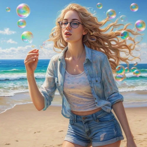 inflates soap bubbles,girl with speech bubble,giant soap bubble,bubble blower,soap bubbles,soap bubble,beach background,world digital painting,bubbletent,bubble,cg artwork,think bubble,colorful balloons,little girl with balloons,creative background,bubbles,oil painting on canvas,water balloons,background images,rainbow color balloons,Illustration,Realistic Fantasy,Realistic Fantasy 30
