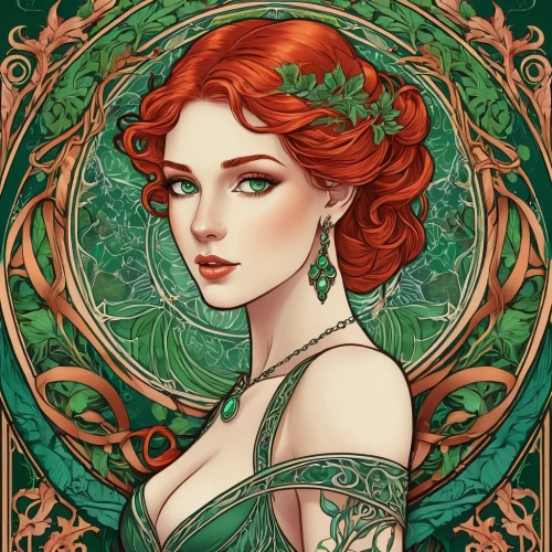 poison ivy,merida,celtic queen,art nouveau,art nouveau design,fae,flora,emerald,fantasy portrait,ivy,ariel,rusalka,mucha,queen anne,filigree,rosa ' amber cover,dryad,the enchantress,red-haired,victorian lady,Illustration,Retro,Retro 13