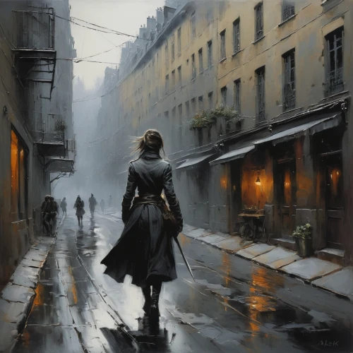 walking in the rain,girl walking away,woman walking,light rain,watercolor paris,man with umbrella,rainy day,in the rain,rainy,rainstorm,montmartre,fineart,evening atmosphere,rains,woman at cafe,rain,monsoon,after rain,street scene,oil painting,Conceptual Art,Fantasy,Fantasy 12