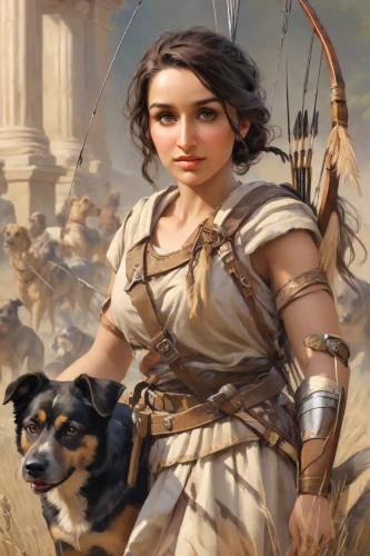 artemisia,female warrior,athena,girl with dog,artemis,warrior woman,thracian,shepherd,gladiator,rome 2,the good shepherd,cleopatra,east-european shepherd,joan of arc,elaeis,lycaenid,girl in a historic way,cat warrior,fantasy portrait,ancient dog breeds,Digital Art,Classicism