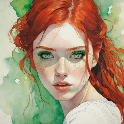 poison ivy,red-haired,fae,red and green,red head,redheads,fantasy portrait,ariel,rusalka,redhair,green eyes,faery,red skin,redheaded,fiery,girl portrait,mystical portrait of a girl,young woman,flora,merida,Illustration,Paper based,Paper Based 19