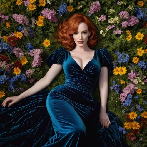 maureen o'hara - female,blue bonnet,vanity fair,ginger rodgers,flora,splendor of flowers,sea of flowers,blue rose,blue flowers,magnolia,poison ivy,tilda,girl in flowers,secret garden of venus,blue petals,fiori,background ivy,blue flower,flowers png,fallen petals,Conceptual Art,Fantasy,Fantasy 16