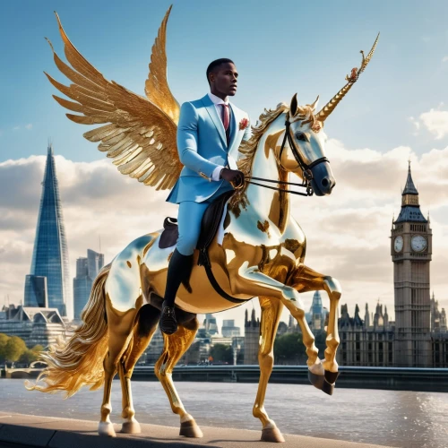 business angel,pegasus,monarch online london,golden unicorn,equestrian statue,equestrian vaulting,fuller's london pride,prince of wales feathers,man and horses,a black man on a suit,equestrian,english riding,carnival horse,digital compositing,equestrian sport,image manipulation,king caudata,african businessman,usain bolt,black businessman,Photography,Artistic Photography,Artistic Photography 03