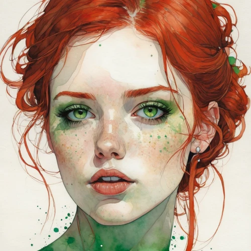 poison ivy,fae,red-haired,red and green,flora,fantasy portrait,redheads,red head,girl portrait,faery,green skin,portrait of a girl,natura,ivy,watercolor pencils,red skin,poisonous,young woman,redhead doll,redhair,Illustration,Paper based,Paper Based 19