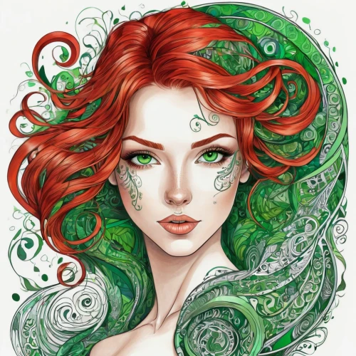 poison ivy,green mermaid scale,mermaid vectors,dryad,fae,faery,celtic queen,medusa,rusalka,ariel,fantasy portrait,flora,anahata,faerie,red-haired,red and green,nami,red head,siren,the enchantress,Illustration,Black and White,Black and White 05