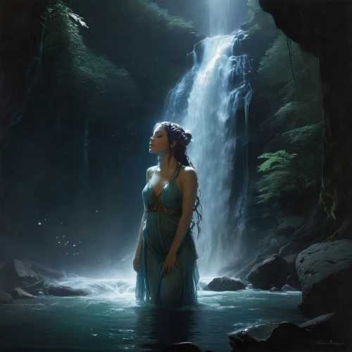 water nymph,waterfall,water fall,woman at the well,bridal veil fall,fantasy picture,mystical portrait of a girl,fantasy portrait,waterfalls,water falls,girl on the river,rusalka,wasserfall,fantasy art,bridal veil,ilse falls,dryad,the blonde in the river,merfolk,green waterfall,Conceptual Art,Fantasy,Fantasy 11