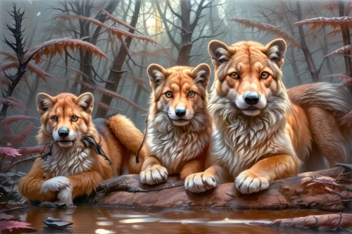 male lions,lion children,wolves,woodland animals,lionesses,two wolves,forest animals,three dogs,tervuren,lions couple,eurasier,hunting dogs,color dogs,canidae,lions,oil painting on canvas,oil painting,rough collie,dhole,protectors