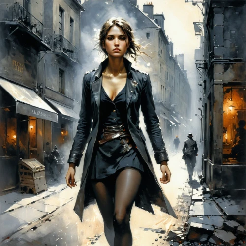 girl walking away,femme fatale,sci fiction illustration,woman walking,girl with gun,policewoman,girl with a gun,fantasy art,black coat,secret agent,huntress,game illustration,lara,swordswoman,pedestrian,croft,heroic fantasy,katniss,black widow,woman holding gun,Conceptual Art,Fantasy,Fantasy 12