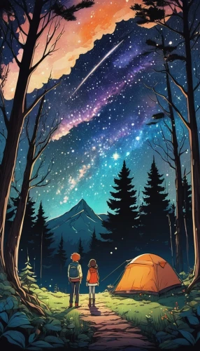 stargazing,camping,campsite,travelers,campfire,campers,the stars,colorful stars,campground,astronomers,hanging stars,starry night,meteor shower,night stars,falling stars,stars,the night sky,camping tents,camping car,night scene,Conceptual Art,Daily,Daily 34