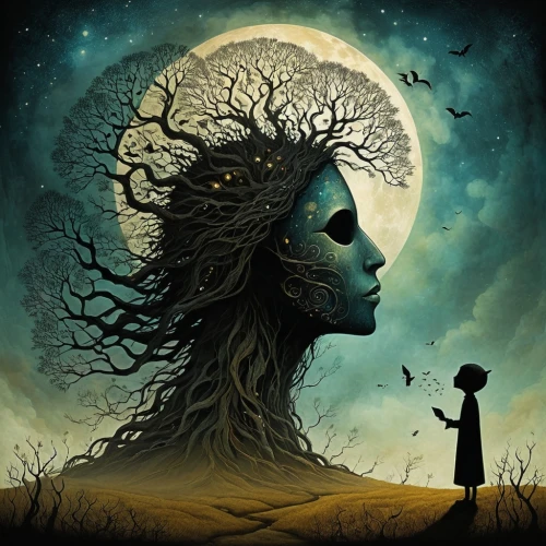 girl with tree,mother earth,shamanism,dryad,tree of life,shamanic,equilibrium,tree thoughtless,capricorn mother and child,rooted,the girl next to the tree,mystical portrait of a girl,imagination,sci fiction illustration,gaia,shaman,equilibrist,inner child,pachamama,sun and moon,Illustration,Abstract Fantasy,Abstract Fantasy 19