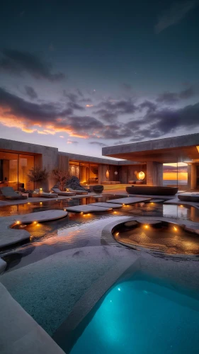 infinity swimming pool,pool house,roof top pool,dunes house,luxury home,outdoor pool,blue hour,luxury property,roof landscape,palm springs,modern architecture,landscape lighting,modern house,beautiful home,luxury real estate,swimming pool,volcano pool,luxury hotel,hot tub,dug-out pool