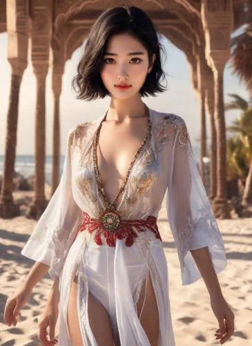 oriental princess,oriental girl,vintage asian,mulan,asian woman,beach background,ao dai,asian costume,vietnamese woman,asian vision,hanbok,arabian,asian girl,kim,geisha,geisha girl,oriental,see-through clothing,orientalism,elegant,Photography,Commercial