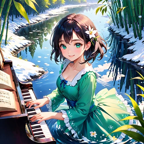 pianist,piano,iris on piano,piano lesson,concerto for piano,pianet,play piano,piano notes,jazz pianist,piano keyboard,piano player,melodica,musical background,euphonium,composer,serenade,waterlily,emerald sea,keyboard instrument,music fantasy,Anime,Anime,Realistic