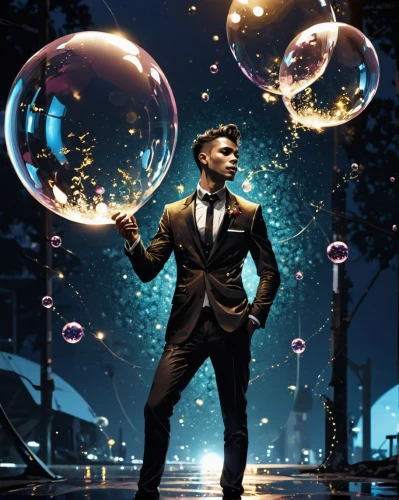 mirror ball,magician,prism ball,bubbles,the ball,disco,juggler,bubble blower,silver balls,disco ball,conductor,solo entertainer,glass balls,juggling,entertainer,glass ball,las vegas entertainer,soap bubbles,a black man on a suit,electron,Conceptual Art,Fantasy,Fantasy 06