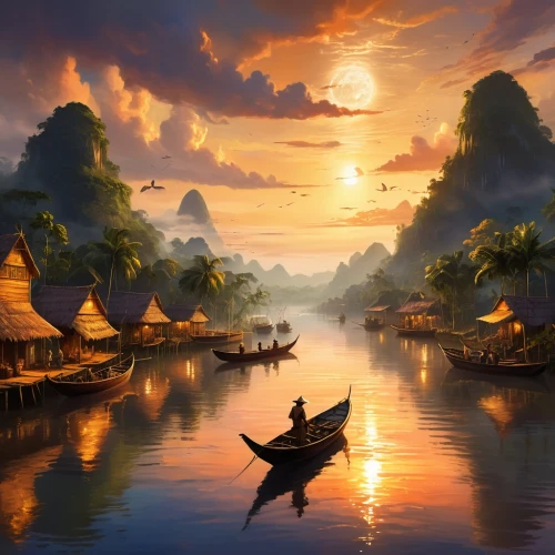 vietnam,southeast asia,boat landscape,viet nam,floating market,fantasy landscape,fishing village,ham ninh,canoes,landscape background,mekong,dragon boat,cambodia,vietnam's,thai,river landscape,backwaters,thailand,world digital painting,fantasy picture,Illustration,Realistic Fantasy,Realistic Fantasy 01