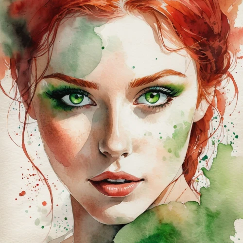 poison ivy,watercolor paint,faery,dryad,fantasy portrait,clary,the enchantress,watercolor pin up,watercolor painting,fae,watercolor,redheads,fantasy art,red head,green eyes,mary jane,world digital painting,watercolor pencils,red-haired,red and green,Illustration,Paper based,Paper Based 25