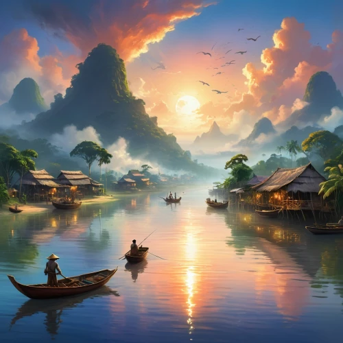 fantasy landscape,vietnam,boat landscape,fishing village,southeast asia,landscape background,dragon boat,world digital painting,viet nam,fantasy picture,ham ninh,chinese art,mekong,floating islands,floating huts,river landscape,canoes,an island far away landscape,chinese clouds,floating market,Illustration,Realistic Fantasy,Realistic Fantasy 01